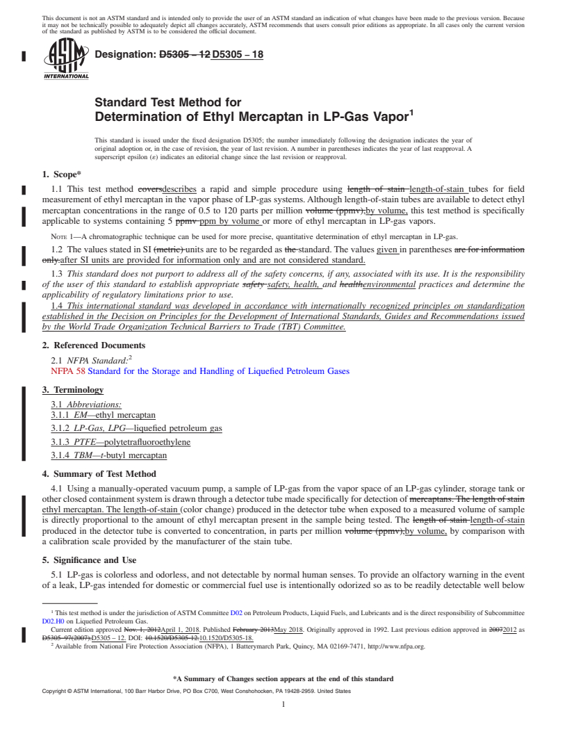 REDLINE ASTM D5305-18 - Standard Test Method for Determination of Ethyl Mercaptan in LP-Gas Vapor