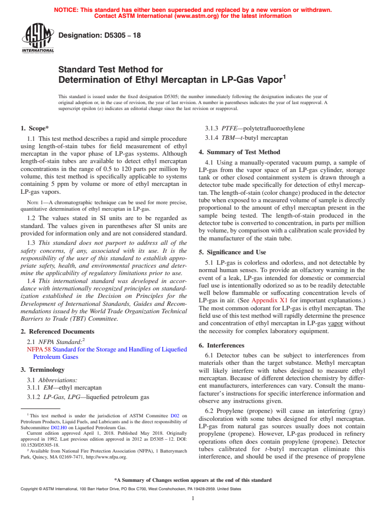 ASTM D5305-18 - Standard Test Method for Determination of Ethyl Mercaptan in LP-Gas Vapor