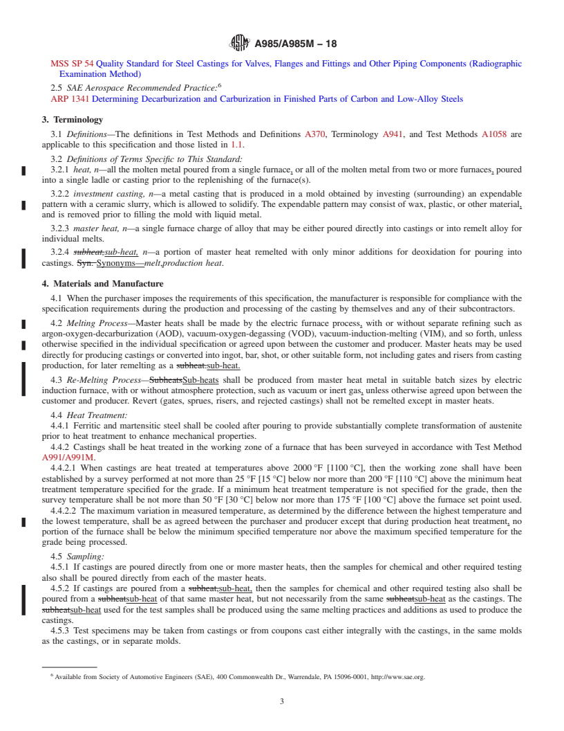 REDLINE ASTM A985/A985M-18 - Standard Specification for  Steel Investment Castings General Requirements, for Pressure-Containing   Parts