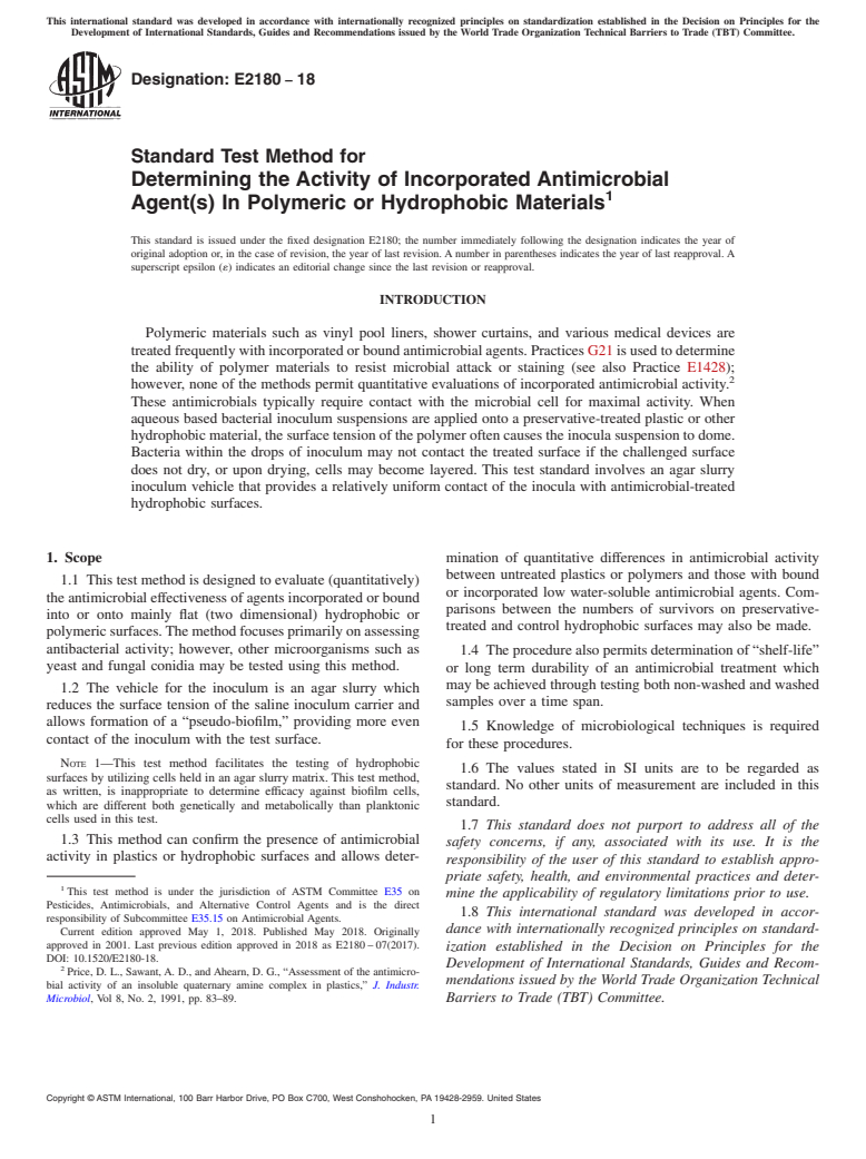 ASTM E2180-18 - Standard Test Method for  Determining the Activity of Incorporated Antimicrobial Agent(s)  In Polymeric or Hydrophobic Materials