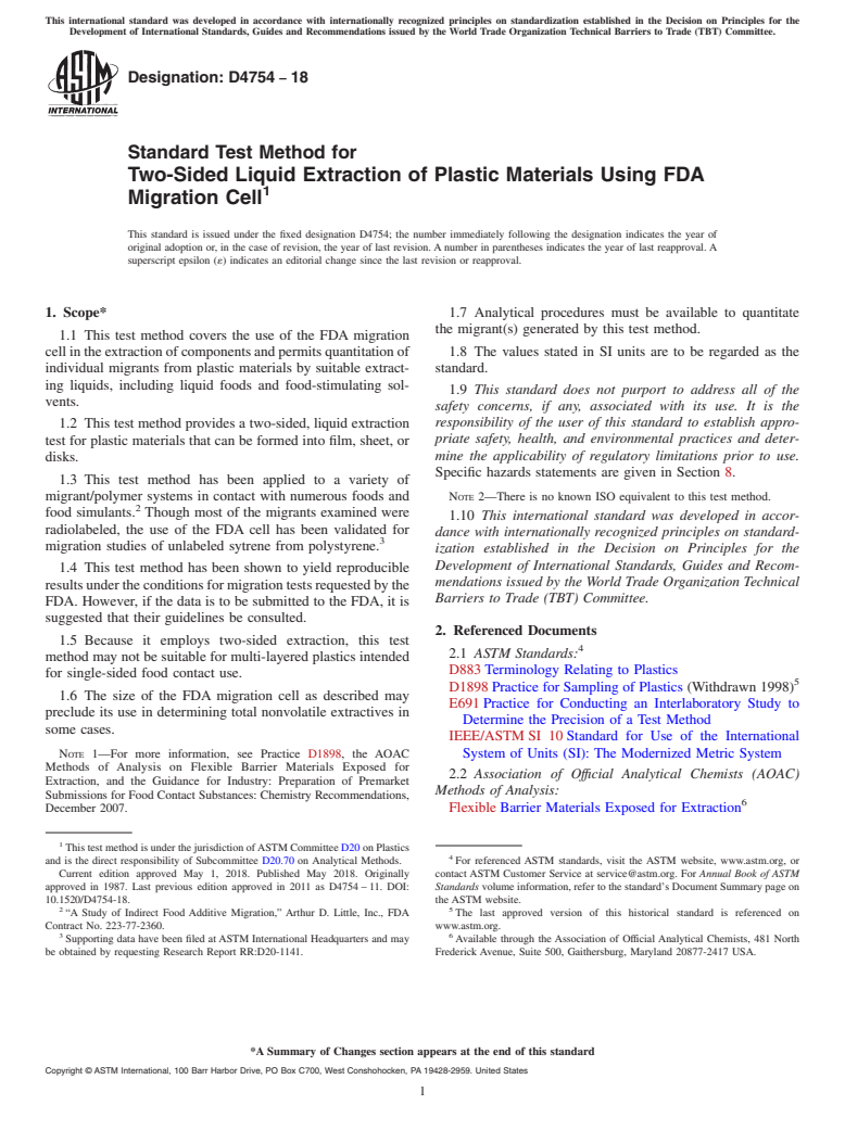 ASTM D4754-18 - Standard Test Method for  Two-Sided Liquid Extraction of Plastic Materials Using FDA  Migration Cell