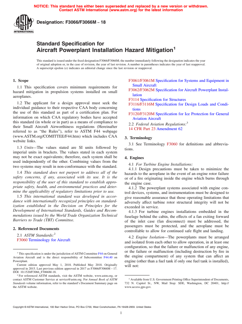 ASTM F3066/F3066M-18 - Standard Specification for Aircraft Powerplant Installation Hazard Mitigation