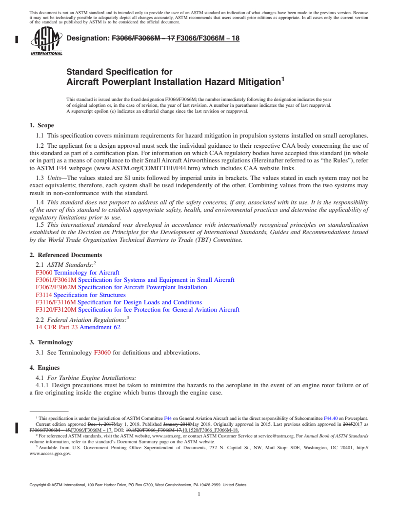 REDLINE ASTM F3066/F3066M-18 - Standard Specification for Aircraft Powerplant Installation Hazard Mitigation