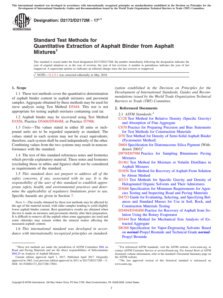 ASTM D2172/D2172M-17e1 - Standard Test Methods for Quantitative Extraction of Asphalt Binder from Asphalt Mixtures