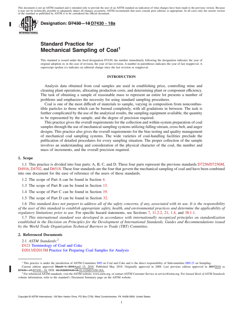 REDLINE ASTM D7430-18a - Standard Practice for Mechanical Sampling of Coal