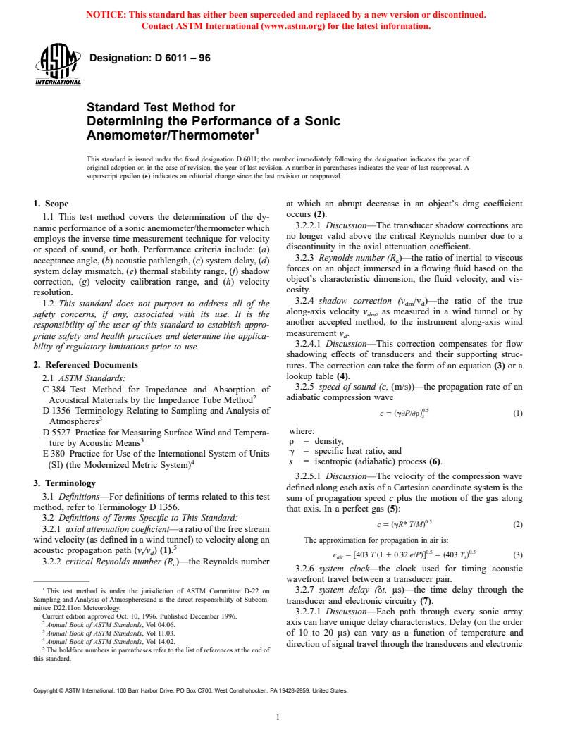 ASTM D6011-96 - Standard Test Method for Determining the Performance of a Sonic Anemometer/Thermometer