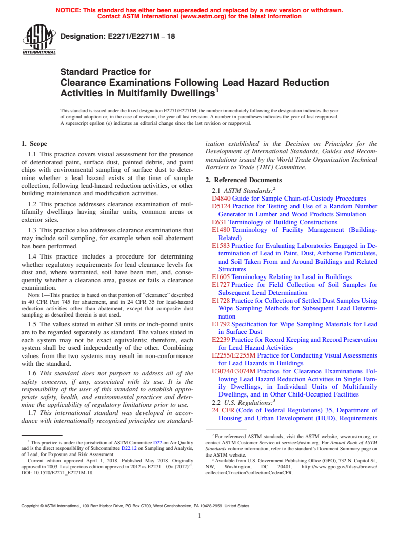 ASTM E2271/E2271M-18 - Standard Practice for Clearance Examinations Following Lead Hazard Reduction Activities  in Multifamily Dwellings