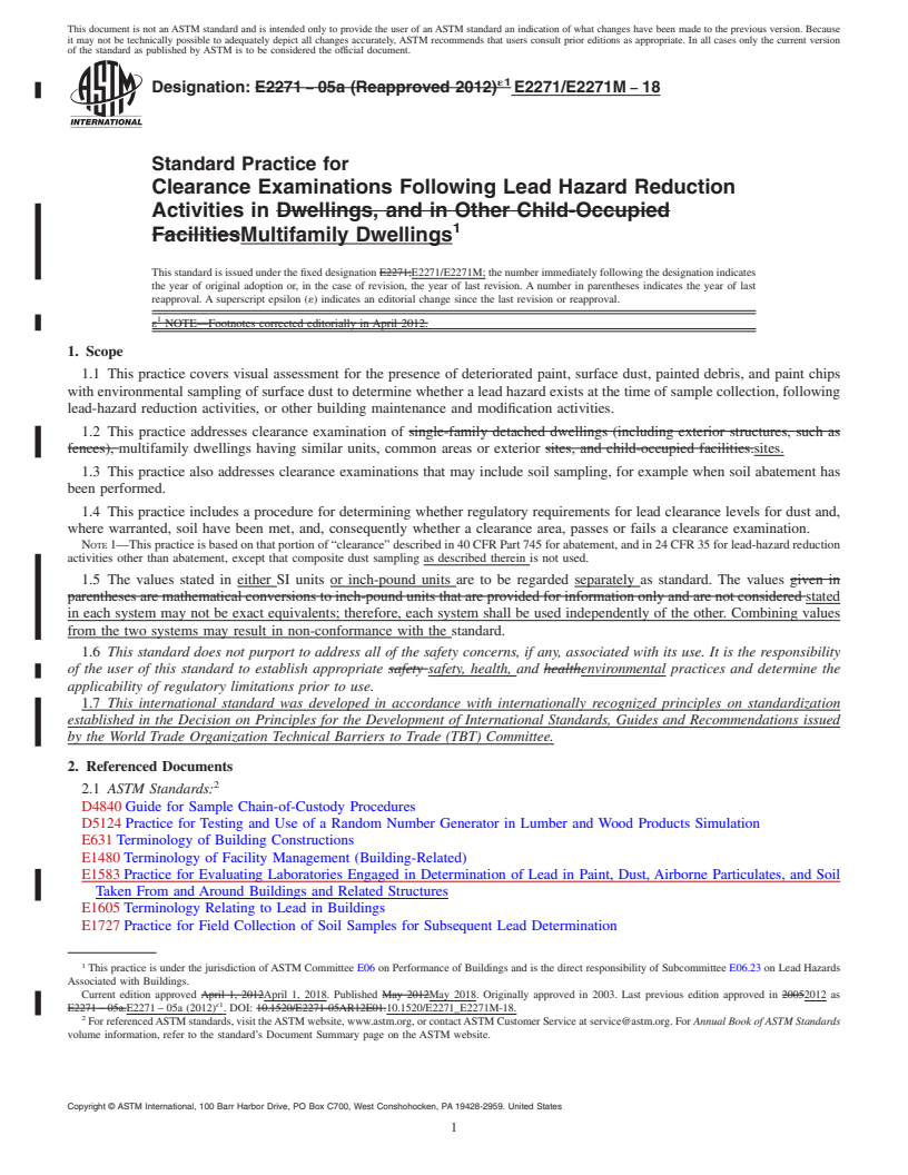 REDLINE ASTM E2271/E2271M-18 - Standard Practice for Clearance Examinations Following Lead Hazard Reduction Activities  in Multifamily Dwellings