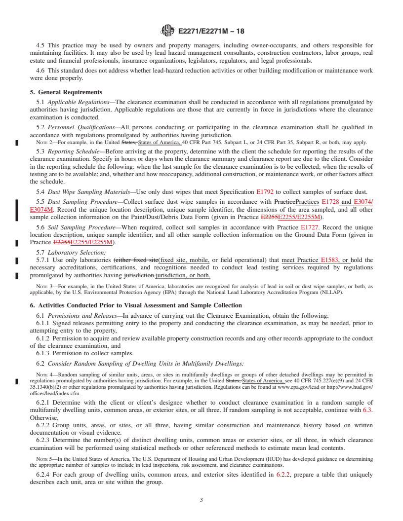 REDLINE ASTM E2271/E2271M-18 - Standard Practice for Clearance Examinations Following Lead Hazard Reduction Activities  in Multifamily Dwellings