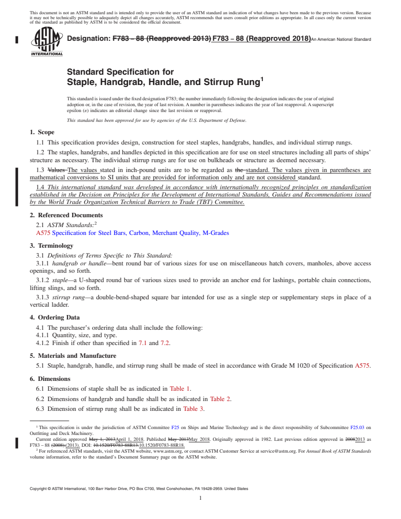 REDLINE ASTM F783-88(2018) - Standard Specification for  Staple, Handgrab, Handle, and Stirrup Rung