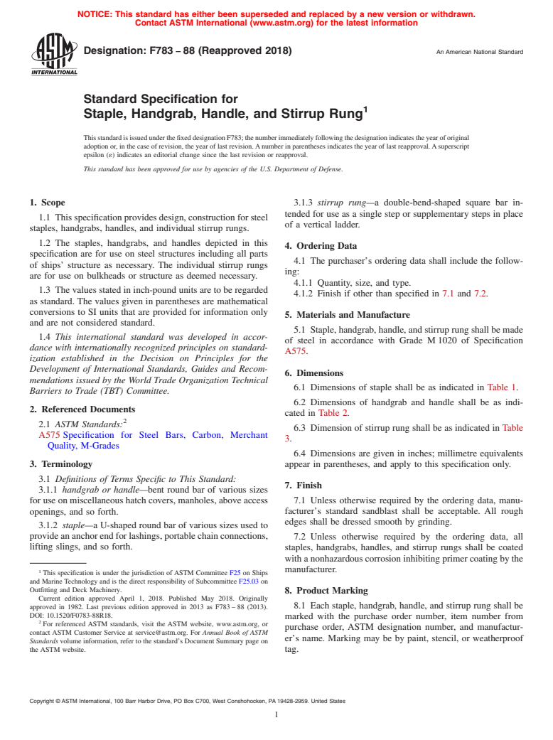 ASTM F783-88(2018) - Standard Specification for  Staple, Handgrab, Handle, and Stirrup Rung