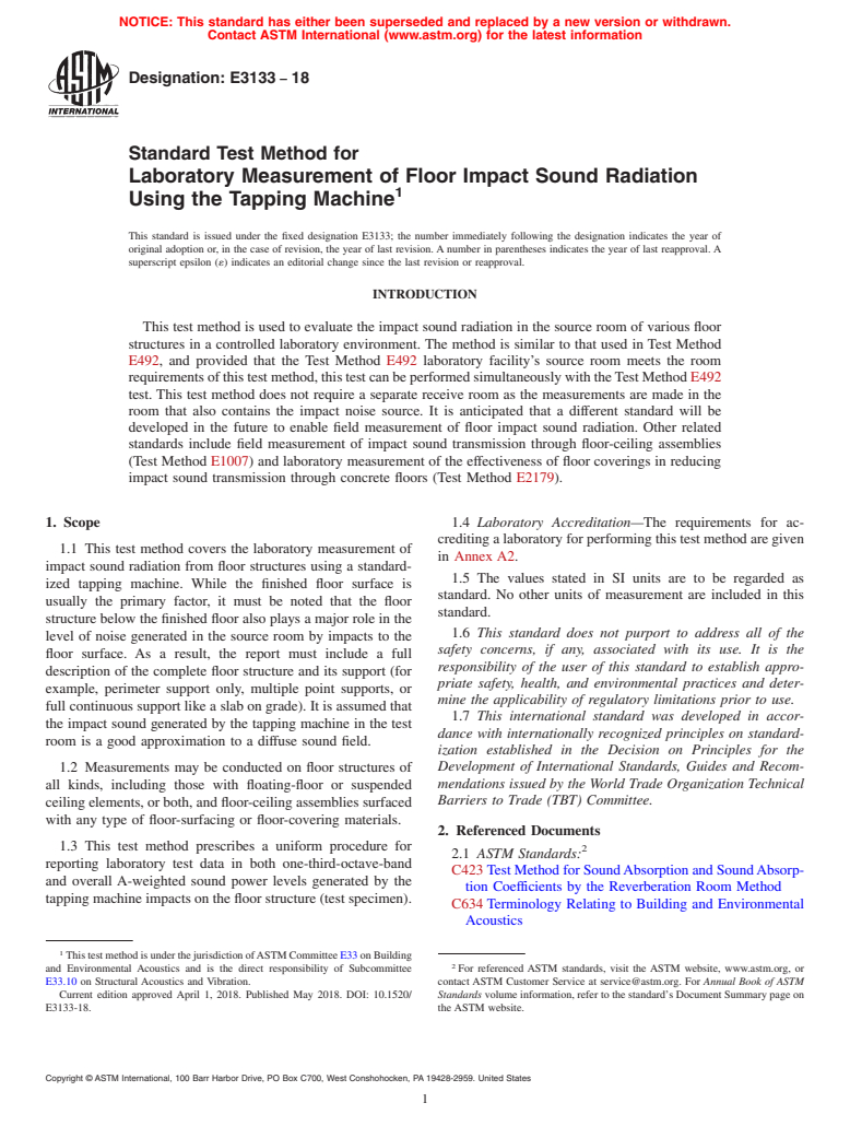 ASTM E3133-18 - Standard Test Method for Laboratory Measurement of Floor Impact Sound Radiation Using  the Tapping Machine