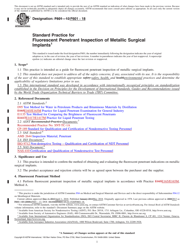 REDLINE ASTM F601-18 - Standard Practice for  Fluorescent Penetrant Inspection of Metallic Surgical Implants