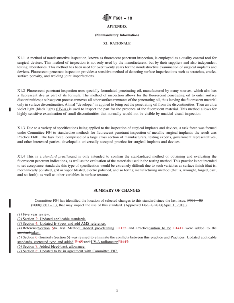 REDLINE ASTM F601-18 - Standard Practice for  Fluorescent Penetrant Inspection of Metallic Surgical Implants