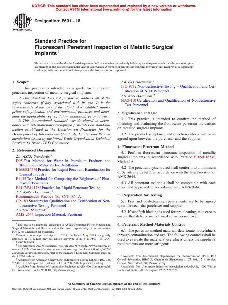 ASTM F601-18 - Standard Practice for  Fluorescent Penetrant Inspection of Metallic Surgical Implants