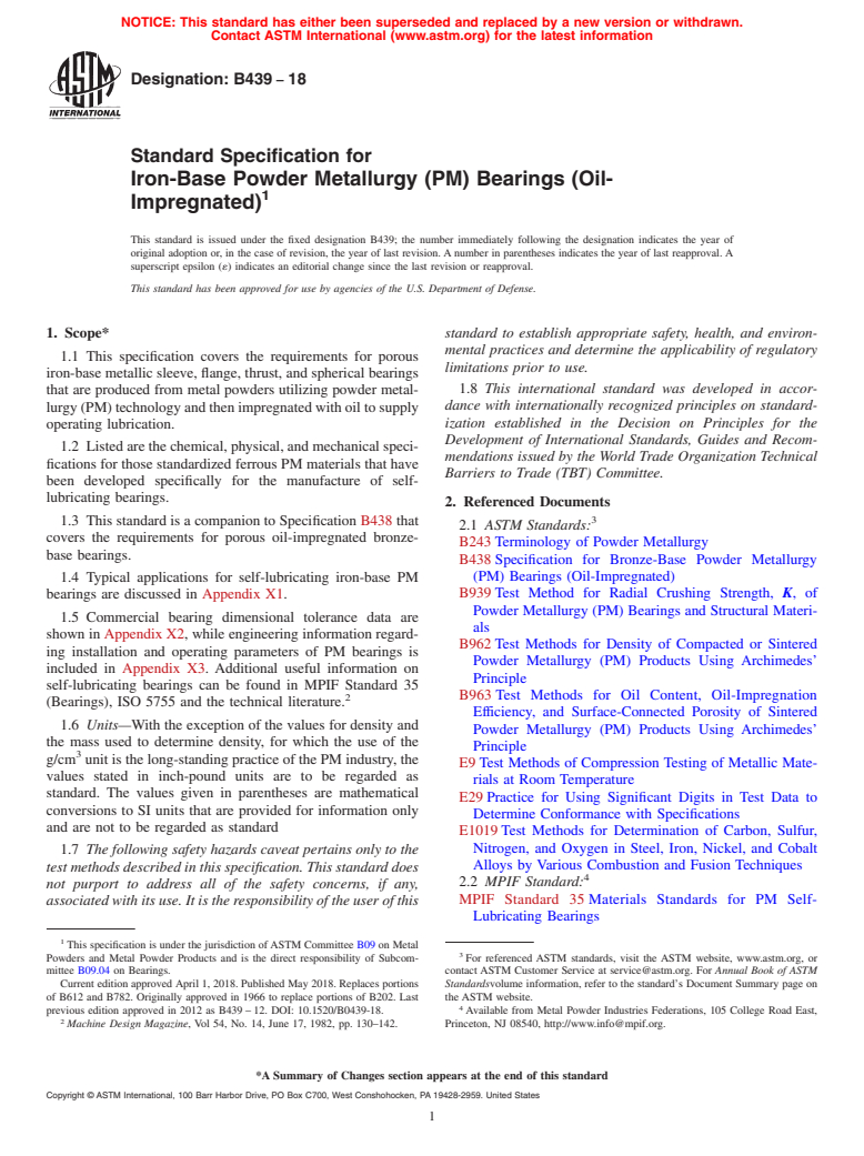 ASTM B439-18 - Standard Specification for  Iron-Base Powder Metallurgy (PM) Bearings (Oil-Impregnated)