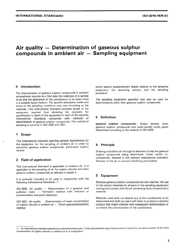 ISO 4219:1979 - Air quality -- Determination of gaseous sulphur compounds in ambient air -- Sampling equipment