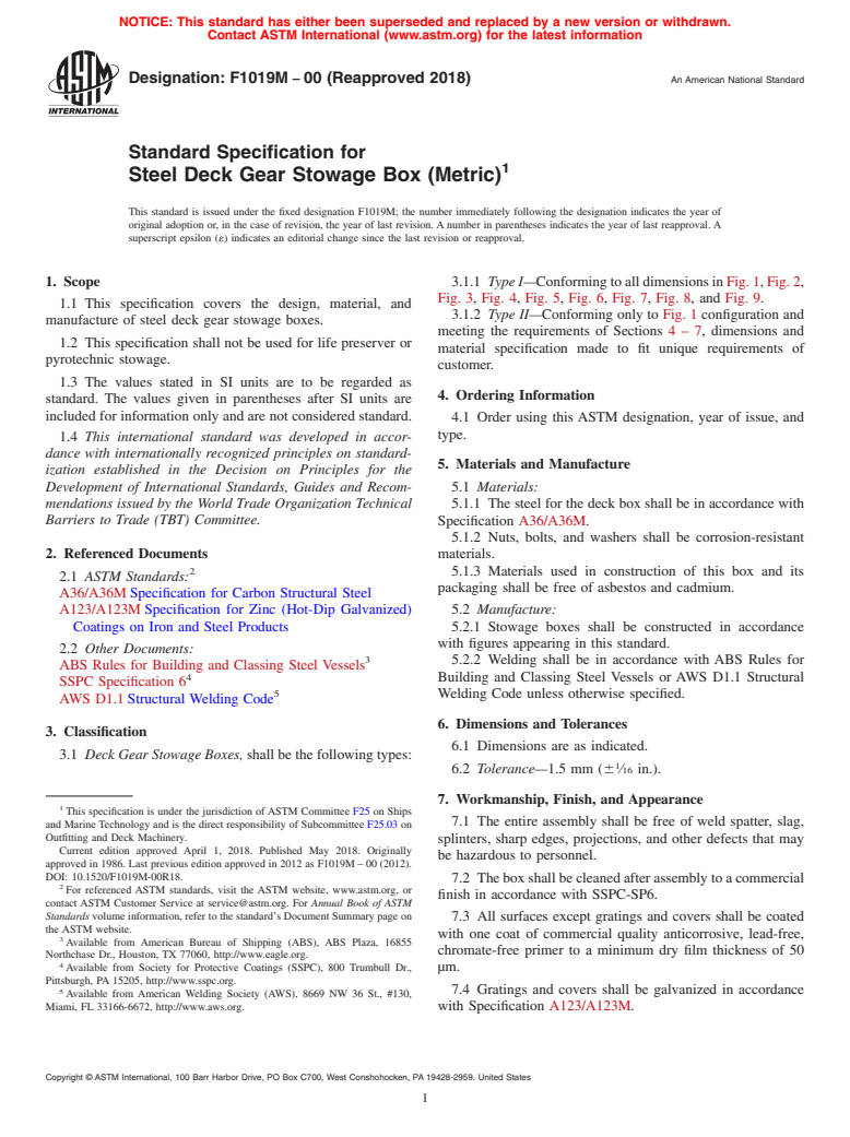 ASTM F1019M-00(2018) - Standard Specification for  Steel Deck Gear Stowage Box [Metric]