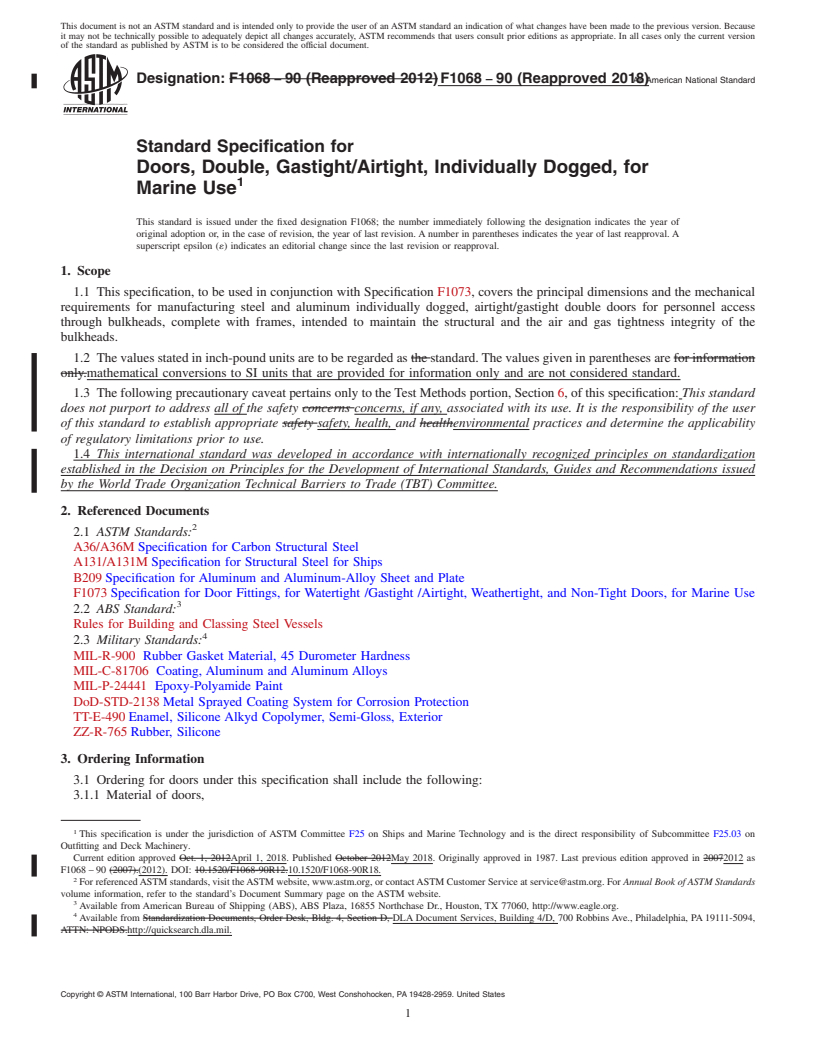 REDLINE ASTM F1068-90(2018) - Standard Specification for Doors, Double, Gastight/Airtight, Individually Dogged, for   Marine Use