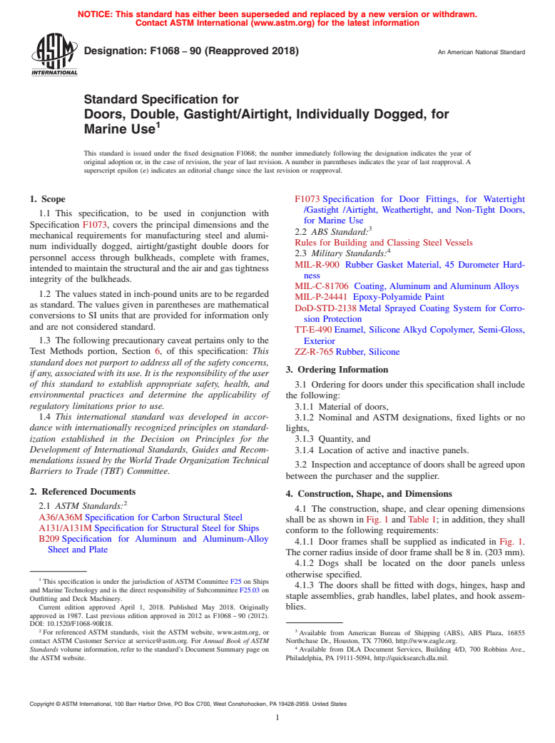 ASTM F1068-90(2018) - Standard Specification for Doors, Double, Gastight/Airtight, Individually Dogged, for   Marine Use