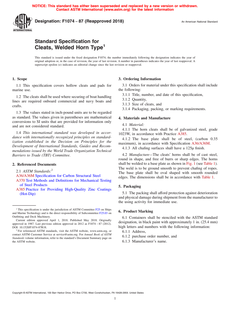 ASTM F1074-87(2018) - Standard Specification for Cleats, Welded Horn Type