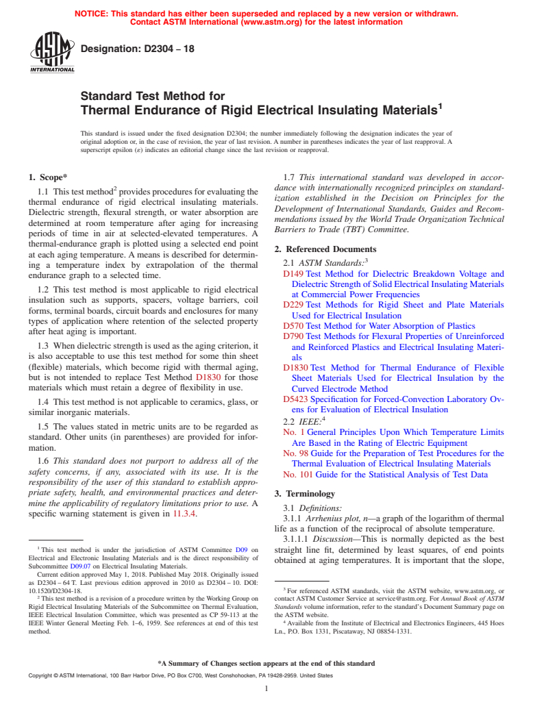 ASTM D2304-18 - Standard Test Method for  Thermal Endurance of Rigid Electrical Insulating Materials