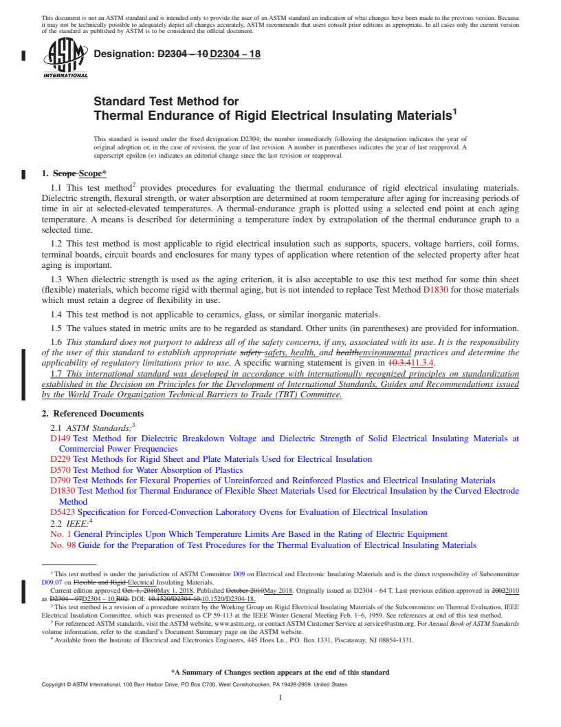 REDLINE ASTM D2304-18 - Standard Test Method for  Thermal Endurance of Rigid Electrical Insulating Materials