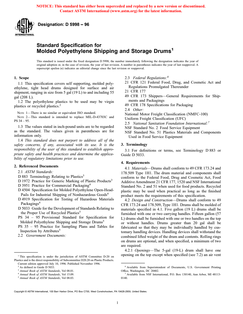 ASTM D5998-96 - Standard Specification for Molded Polyethylene Shipping and Storage Drums