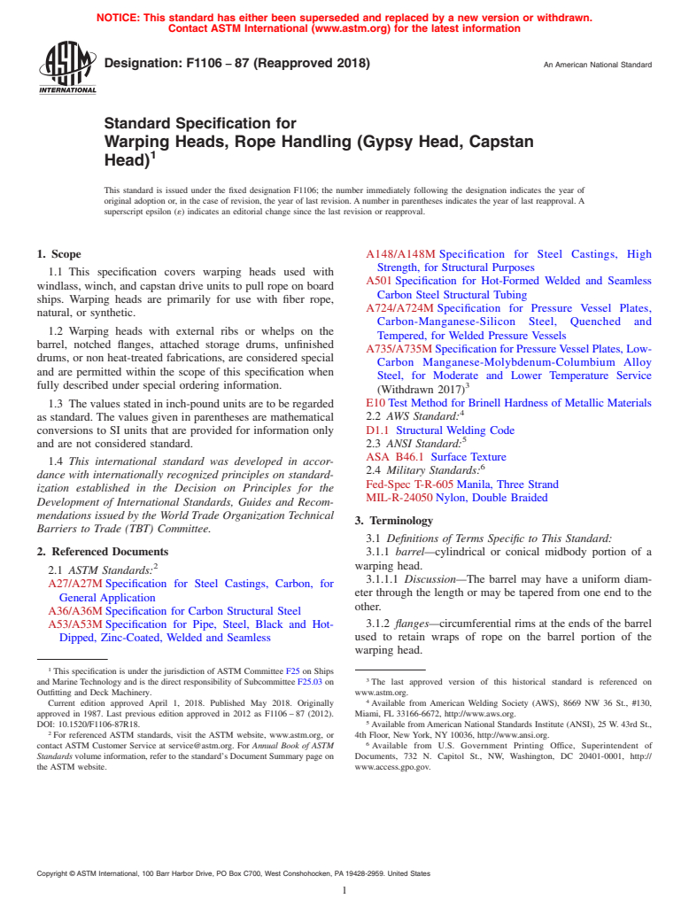 ASTM F1106-87(2018) - Standard Specification for  Warping Heads, Rope Handling (Gypsy Head, Capstan Head)