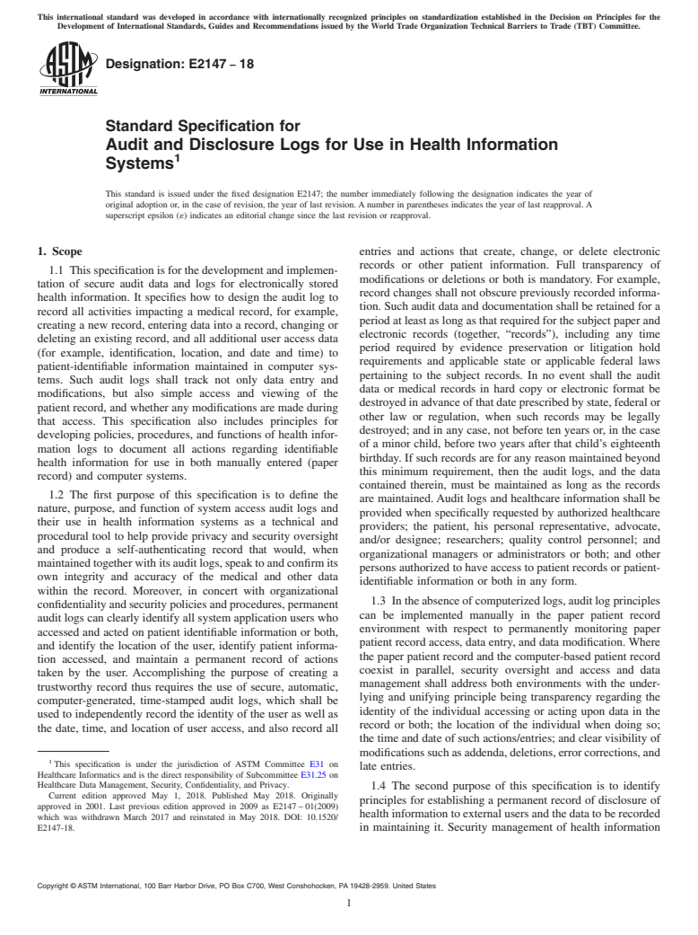 ASTM E2147-18 - Standard Specification for  Audit and Disclosure Logs for Use in Health Information Systems