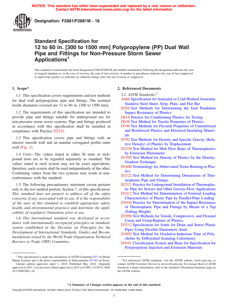 ASTM F2881/F2881M-18 - Standard Specification for 12 to 60 in. [300 to 1500 mm] Polypropylene (PP) Dual Wall  Pipe and Fittings for Non-Pressure Storm Sewer Applications