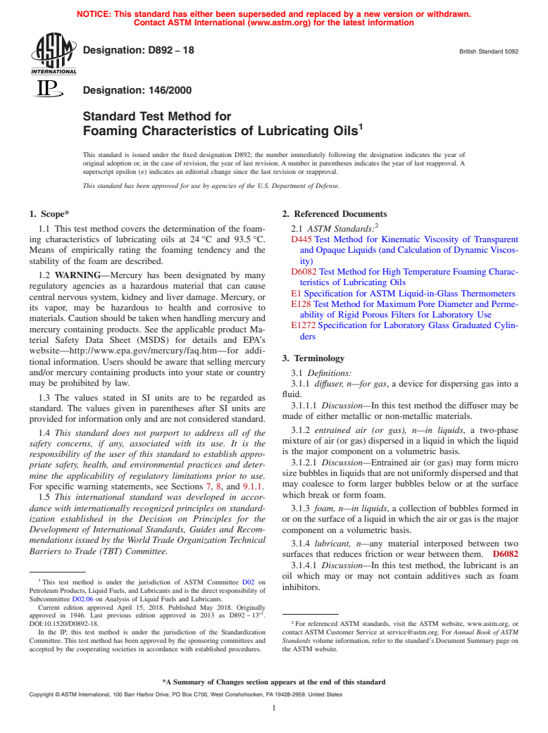 ASTM D892-18 - Standard Test Method for  Foaming Characteristics of Lubricating Oils