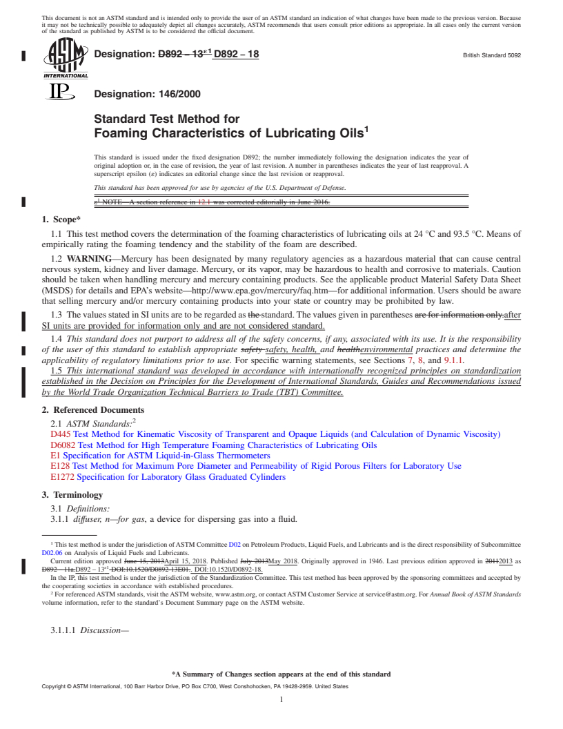 REDLINE ASTM D892-18 - Standard Test Method for  Foaming Characteristics of Lubricating Oils