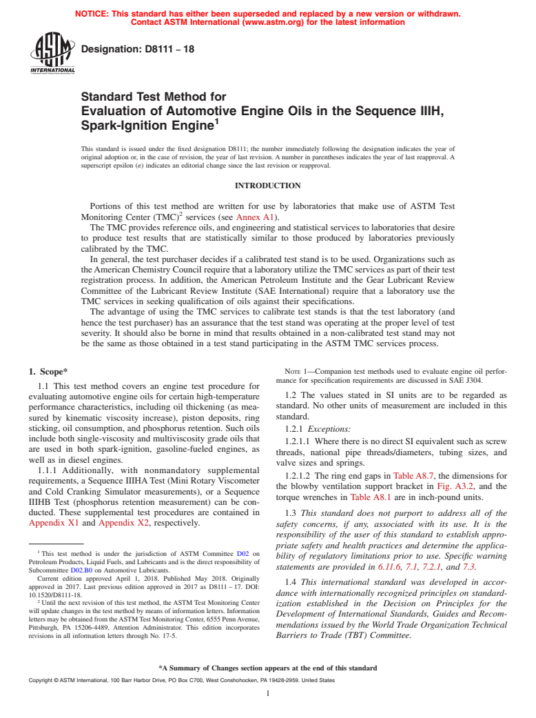 ASTM D8111-18 - Standard Test Method for Evaluation of Automotive Engine Oils in the Sequence IIIH,  Spark-Ignition Engine