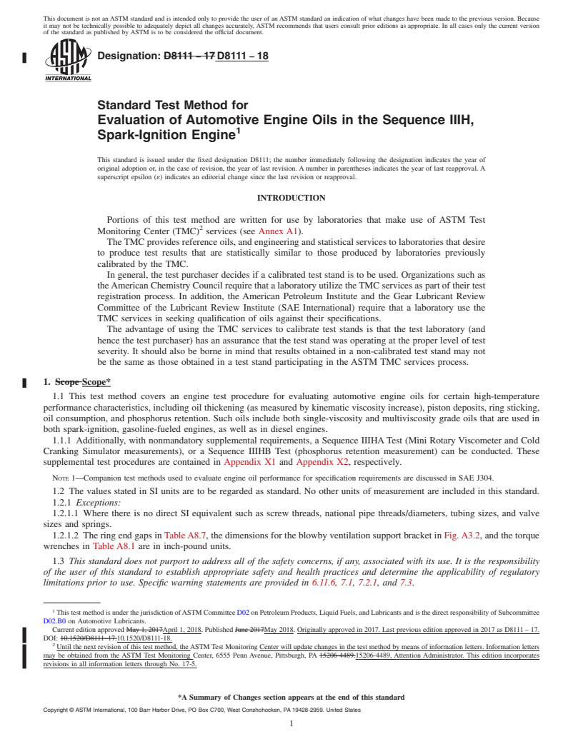 REDLINE ASTM D8111-18 - Standard Test Method for Evaluation of Automotive Engine Oils in the Sequence IIIH,  Spark-Ignition Engine