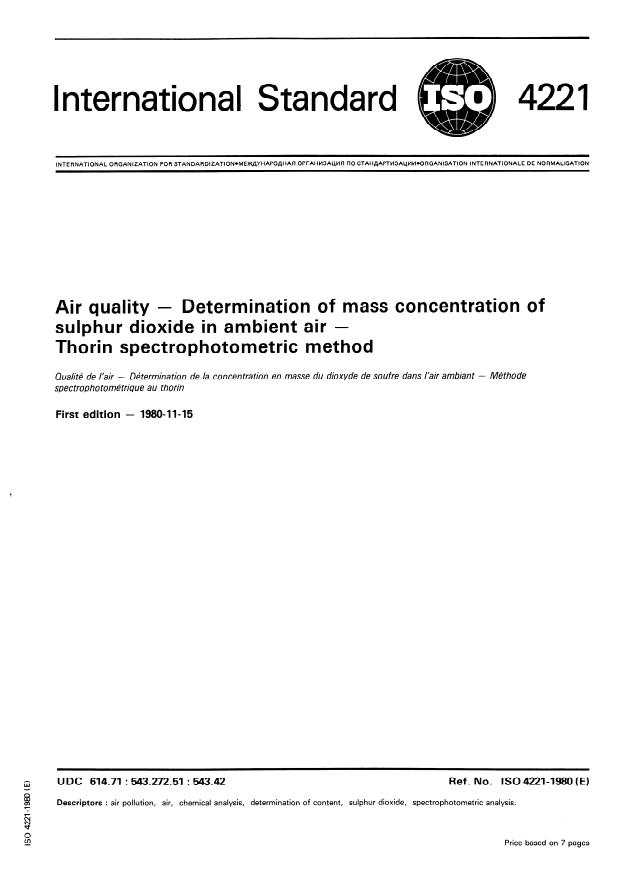 ISO 4221:1980 - Air quality -- Determination of mass concentration of sulphur dioxide in ambient air -- Thorin spectrophotometric method