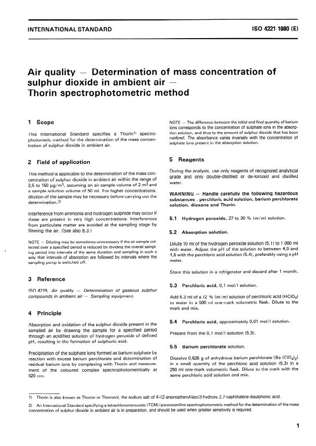 ISO 4221:1980 - Air quality -- Determination of mass concentration of sulphur dioxide in ambient air -- Thorin spectrophotometric method
