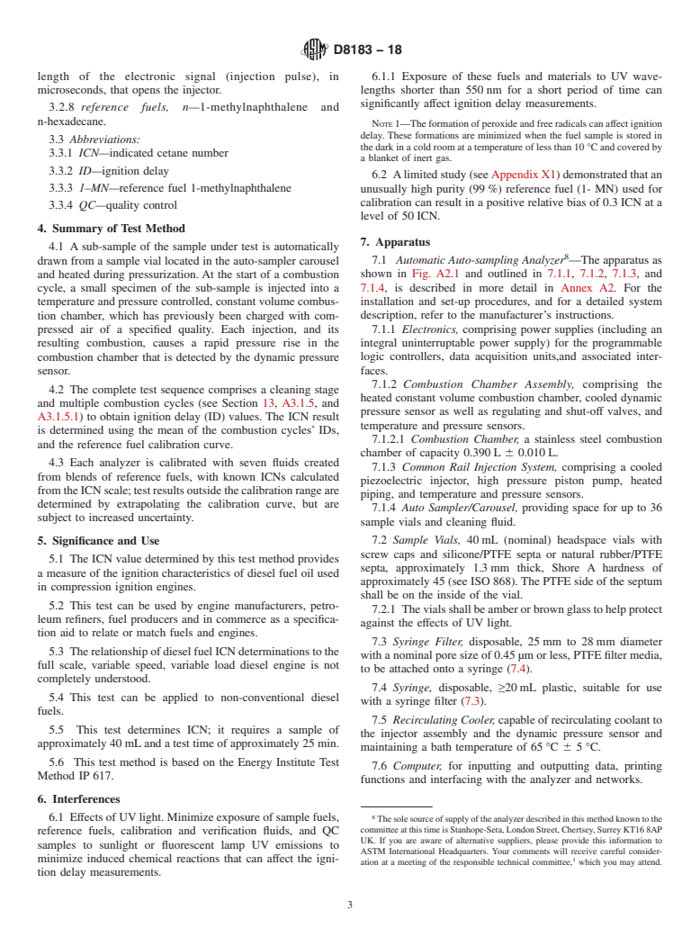 ASTM D8183-18 - Standard Test Method for  Determination of Indicated Cetane Number (ICN) of Diesel Fuel  Oils using a Constant Volume Combustion Chamber&#x2014;Reference Fuels  Calibration Method