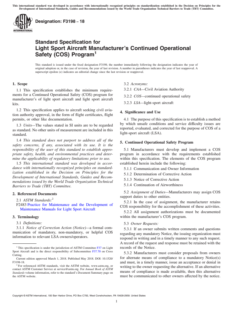 ASTM F3198-18 - Standard Specification for Light Sport Aircraft Manufacturer&#x2019;s Continued Operational  Safety (COS) Program