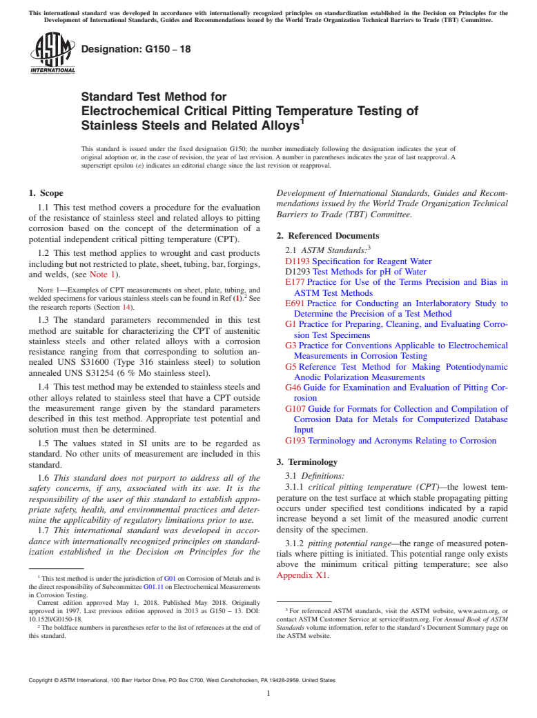 ASTM G150-18 - Standard Test Method for  Electrochemical Critical Pitting Temperature Testing of Stainless Steels and Related Alloys