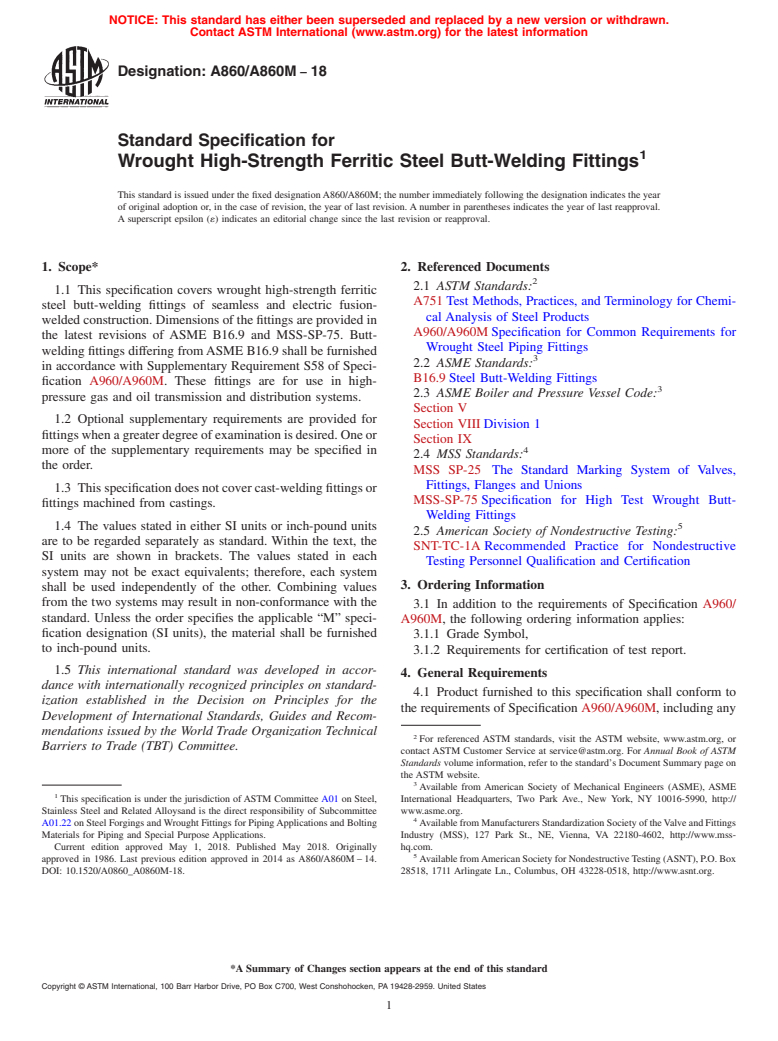 ASTM A860/A860M-18 - Standard Specification for  Wrought High-Strength Ferritic Steel Butt-Welding Fittings