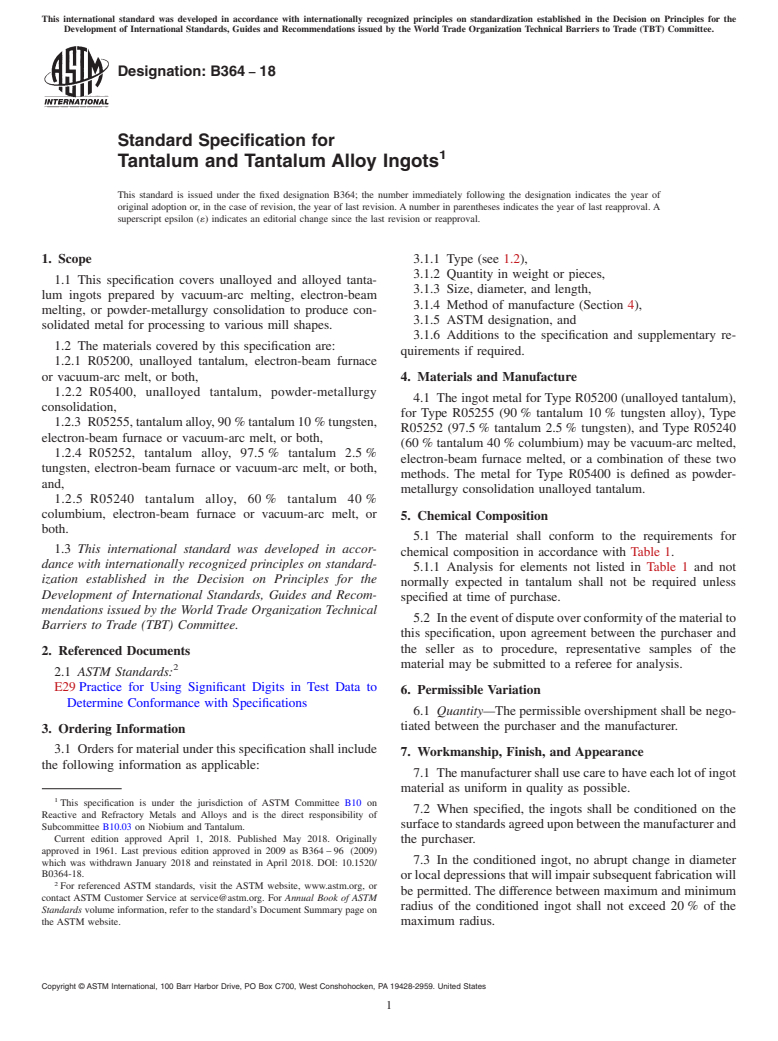 ASTM B364-18 - Standard Specification for Tantalum and Tantalum Alloy Ingots