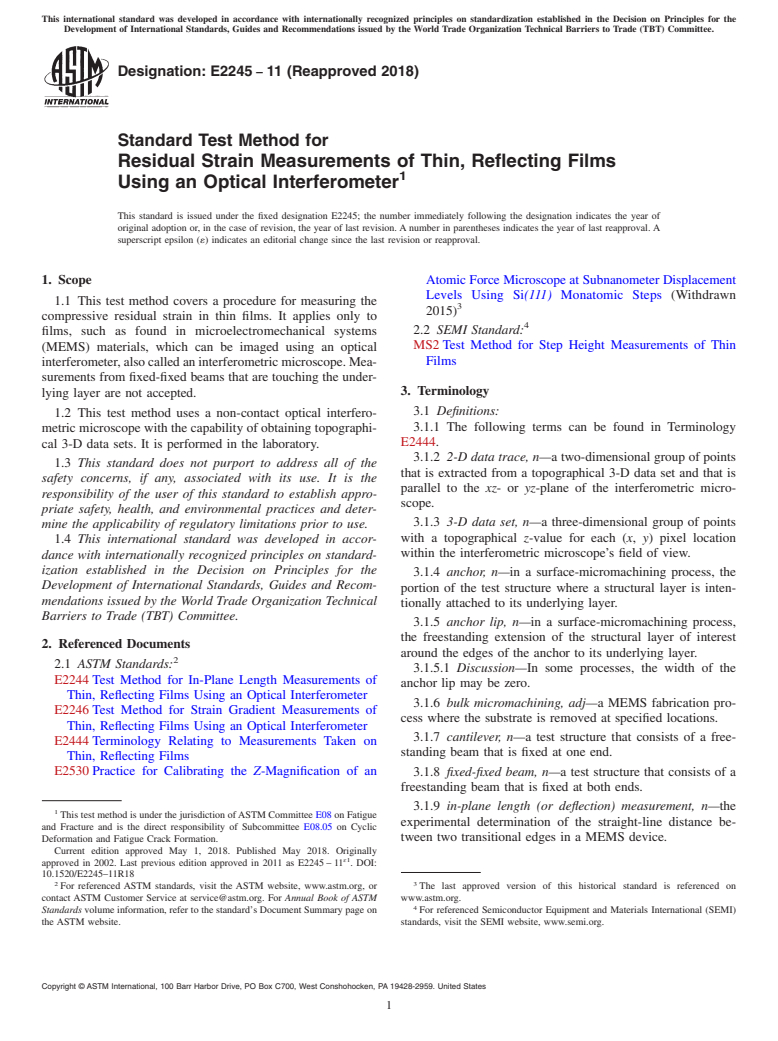 ASTM E2245-11(2018) - Standard Test Method for Residual Strain Measurements of Thin, Reflecting Films Using an Optical Interferometer