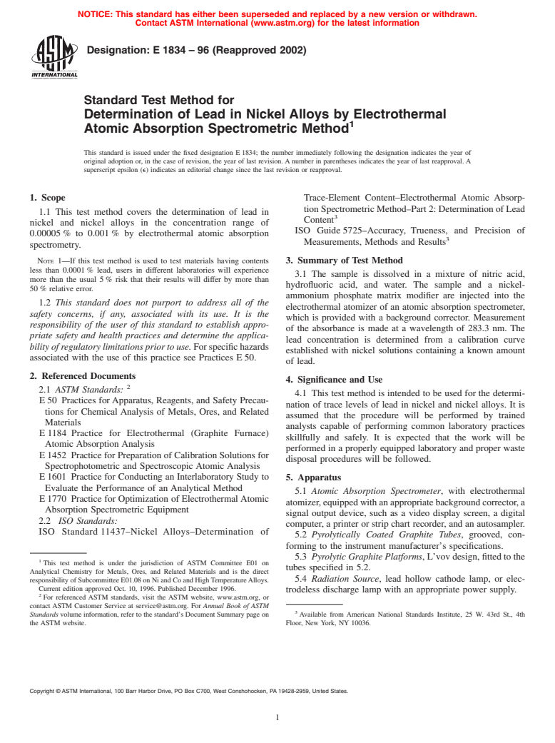 ASTM E1834-96(2002) - Standard Test Method for Determination of Lead in Nickel Alloys by Electrothermal Atomic Absorption Spectrometric Method