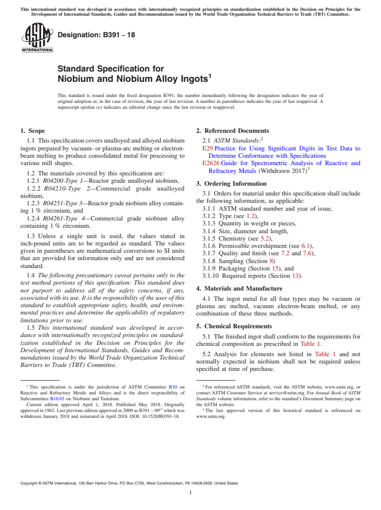 ASTM B391-18 - Standard Specification for Niobium and Niobium Alloy Ingots