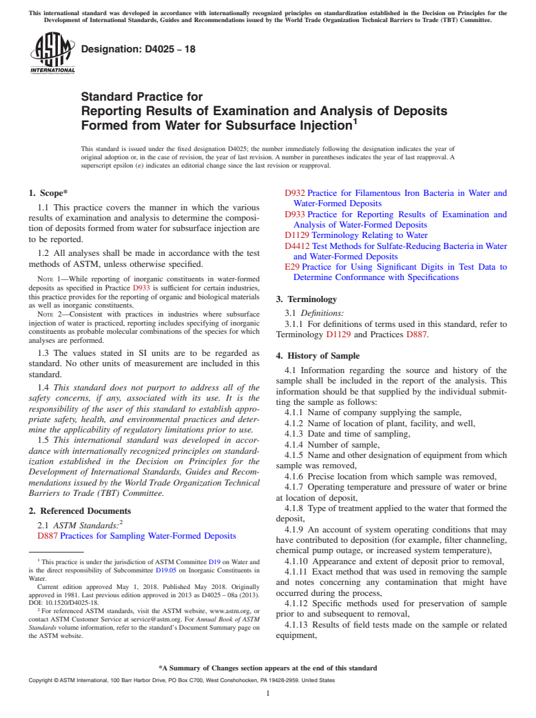 ASTM D4025-18 - Standard Practice for  Reporting Results of Examination and Analysis of Deposits Formed  from Water for Subsurface Injection