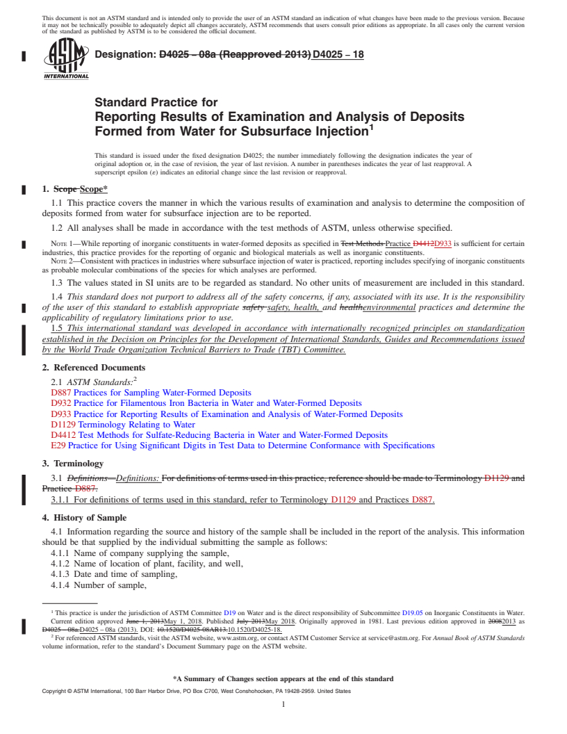 REDLINE ASTM D4025-18 - Standard Practice for  Reporting Results of Examination and Analysis of Deposits Formed  from Water for Subsurface Injection