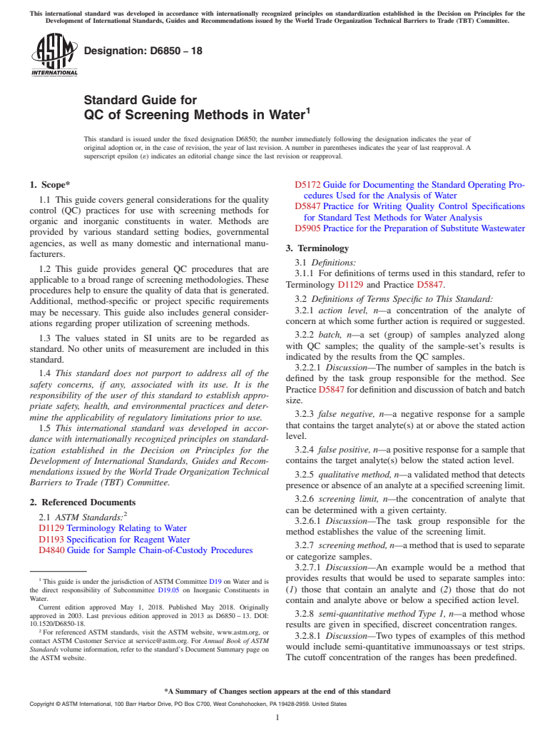 ASTM D6850-18 - Standard Guide for  QC of Screening Methods in Water