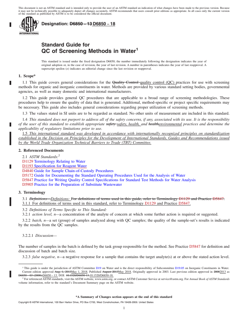 REDLINE ASTM D6850-18 - Standard Guide for  QC of Screening Methods in Water
