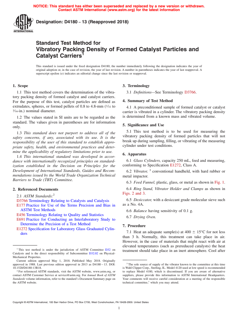 ASTM D4180-13(2018) - Standard Test Method for  Vibratory Packing Density of Formed Catalyst Particles and  Catalyst Carriers